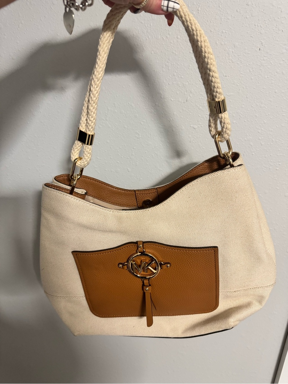 Michael Kors Cream Canvas Shoulder Bag with Tan Leather Pocket